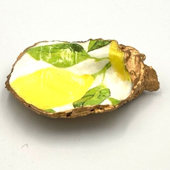 Oyster Shell Trinket Dish Lemon Decoupage 3.5" Summer Coastal Farmhouse Fresh - Picture 4 of 4